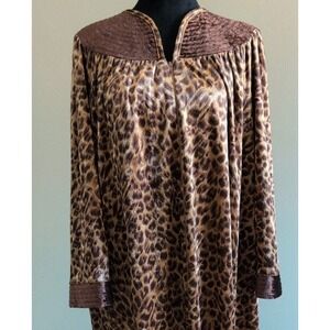 Vntg CW Classics Leopard Print Embossed  Neckline Velour‎ Full Zip Robe Women's
